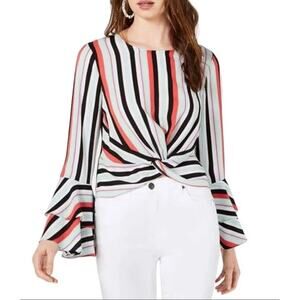 Bar III Women's Stripe Pastel Femme Flare Sleeves Crew Neck Twist Blouse Small